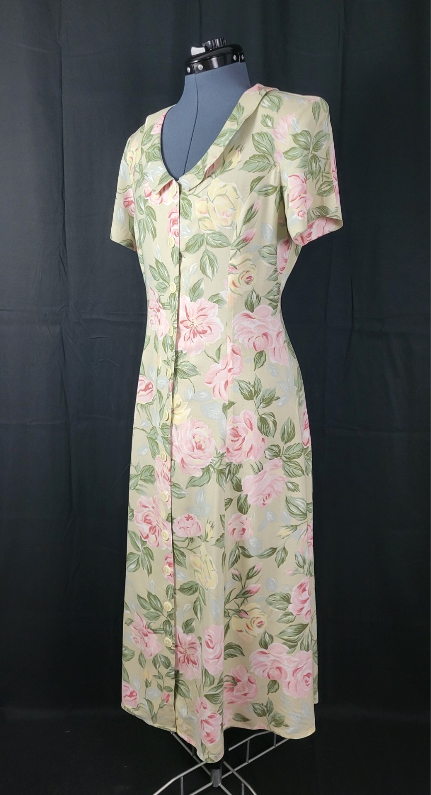 Vintage Ellen Ashley Tan Fit & Flare Button Down Dress w Pastel Florals Size 8