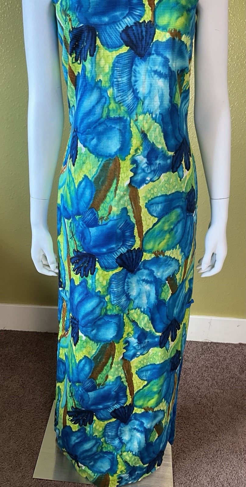 Vtg McINERNY Womens Hawaiian Maxi Dress Watercolor Floral Talon Zip Side Slit 12