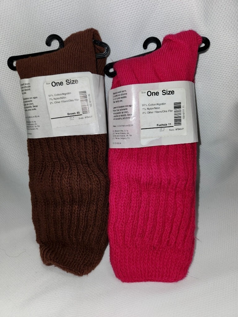 VTG 90’s 2 Pr Thick Socks JCP Slouch Brown Hot Pink Shoe Size 4/10 Yarnworks