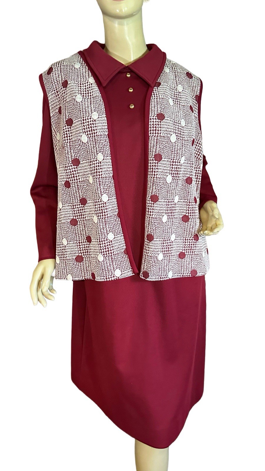 VINTAGE CIRCA 1970’S LADY LAURA BURGUNDY SHIFT DRESS & VEST SET SZ 18