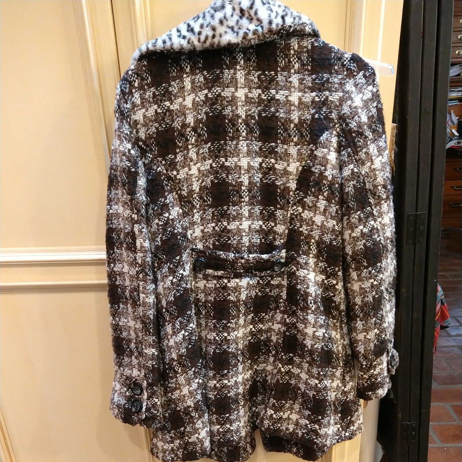 Chime Women Brown Plaid Boho ArtsyCoat Faux Fur Trim Zebra Lined Unique VTG XL