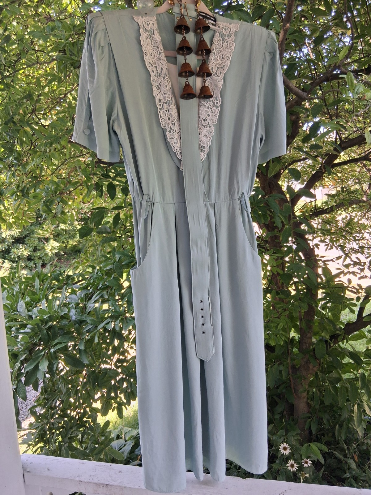 Vintage 1980s SL Fashions Green Lace Collar Cottagecore Secretary Dress w/Belt