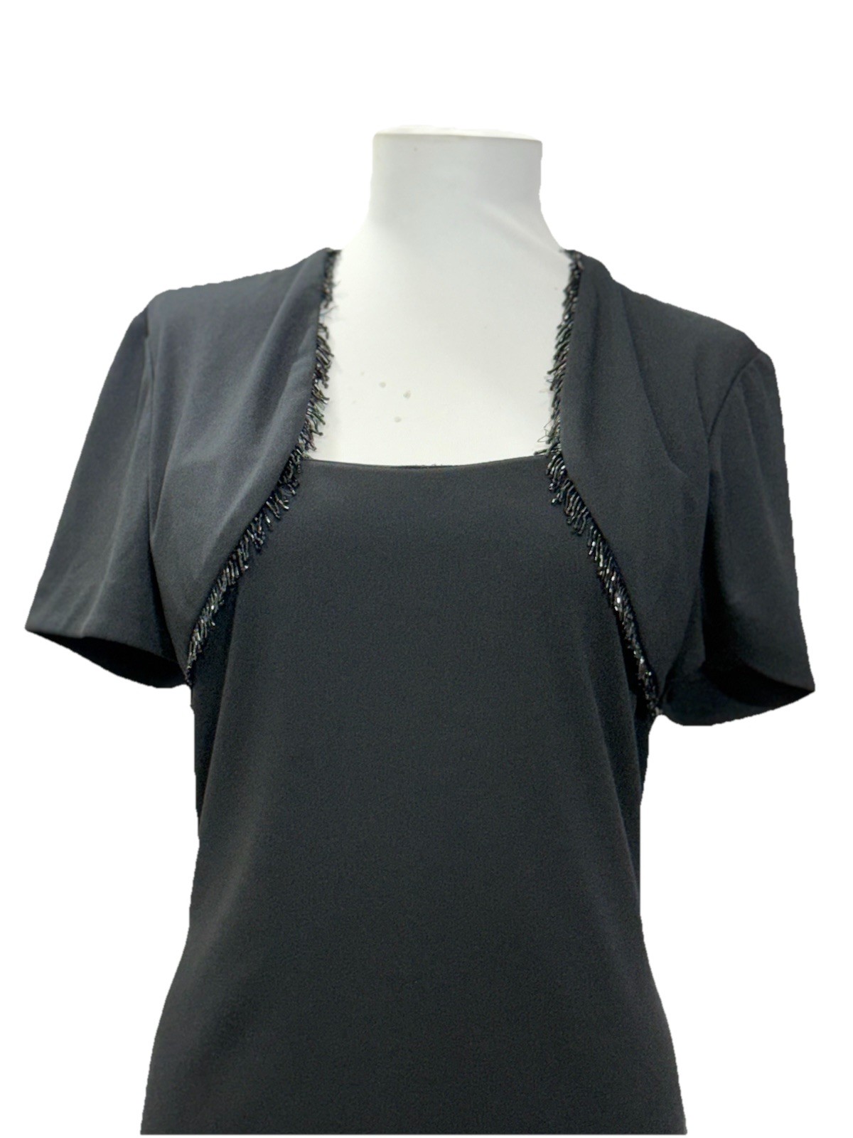 Vtg Leslie Fay Evenings 90’s Sz M Black Sheath Short Sleeve Dress Stretch Bolero