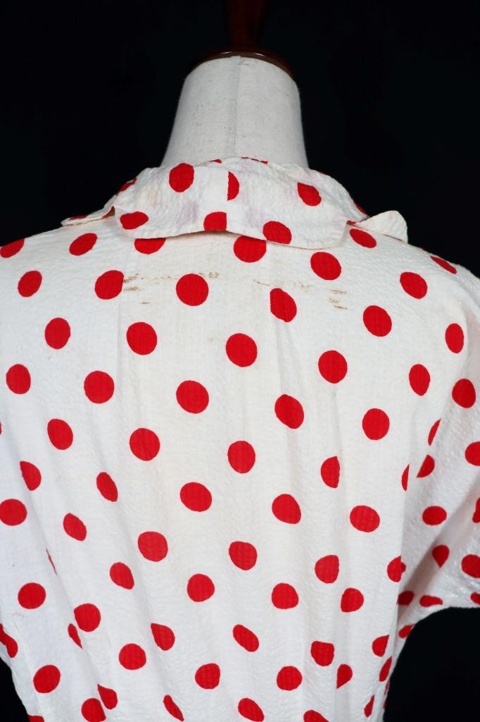Vintage 1940’s WWII French Red & White Polka Dot Waffle Cotton Dress Plus Size