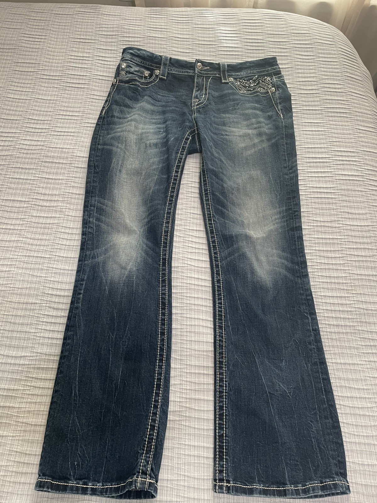 Miss Me Womens 30/30 Blue Bootcut Mid-Rise Easy Boot Embellished Jeans