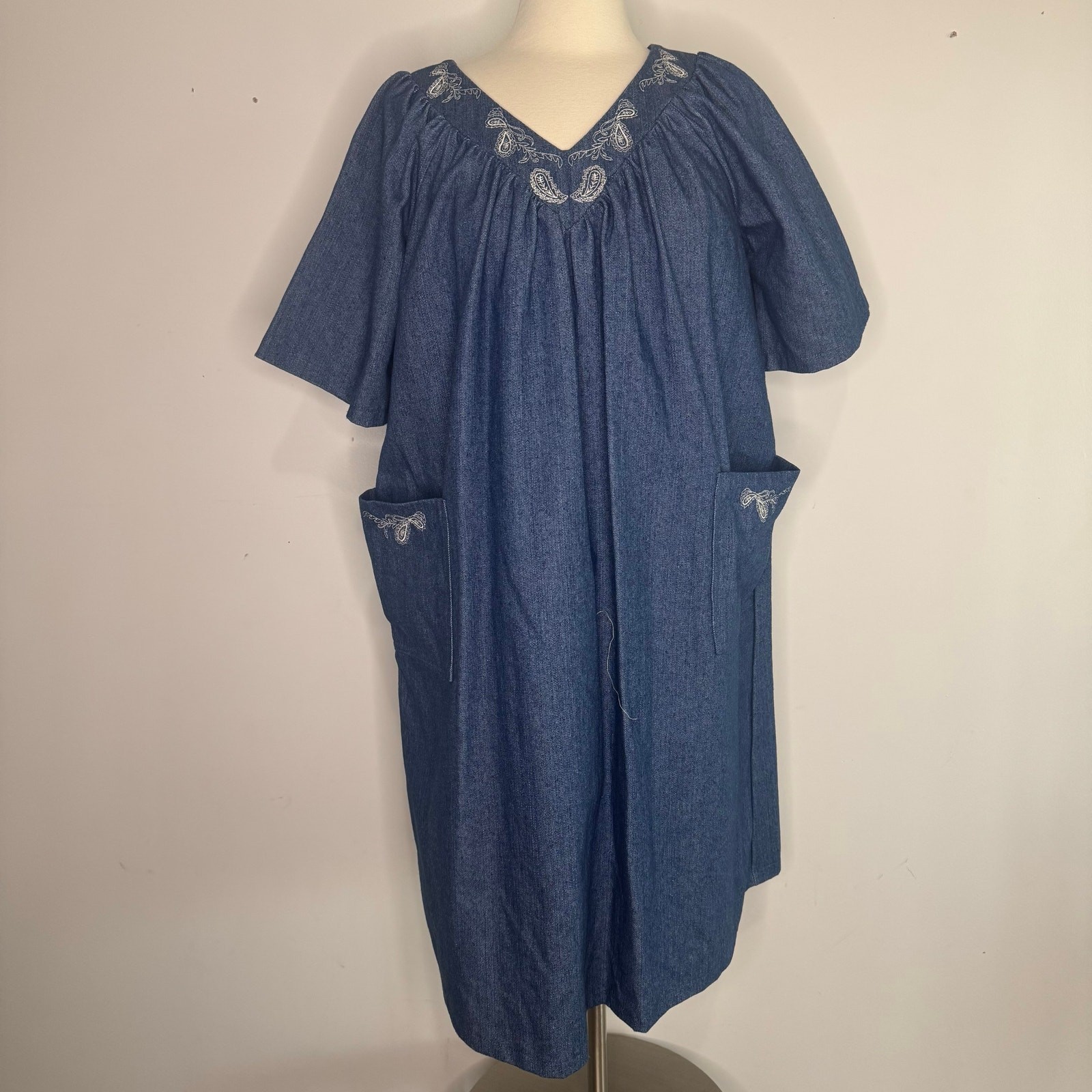 VTG Handmade Cotton Denim Caftan Smock Mumu House Dress Size Small