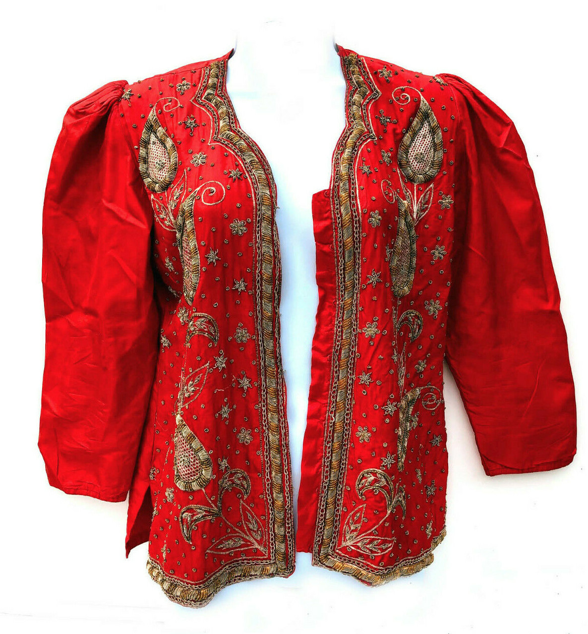 Vintage 1940’s bright red gold embroidered custom handmade silk top blouse S/M