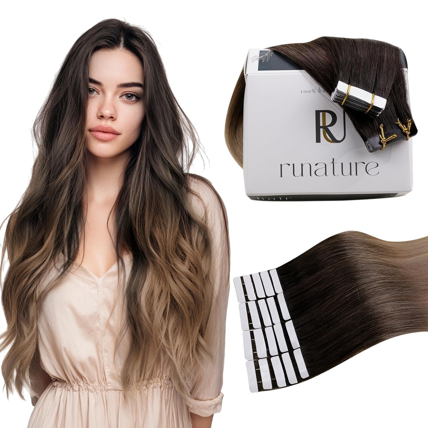 RUNATURE Balayage Brown Tape In Human Hair Extensions Remy 80 Character Max