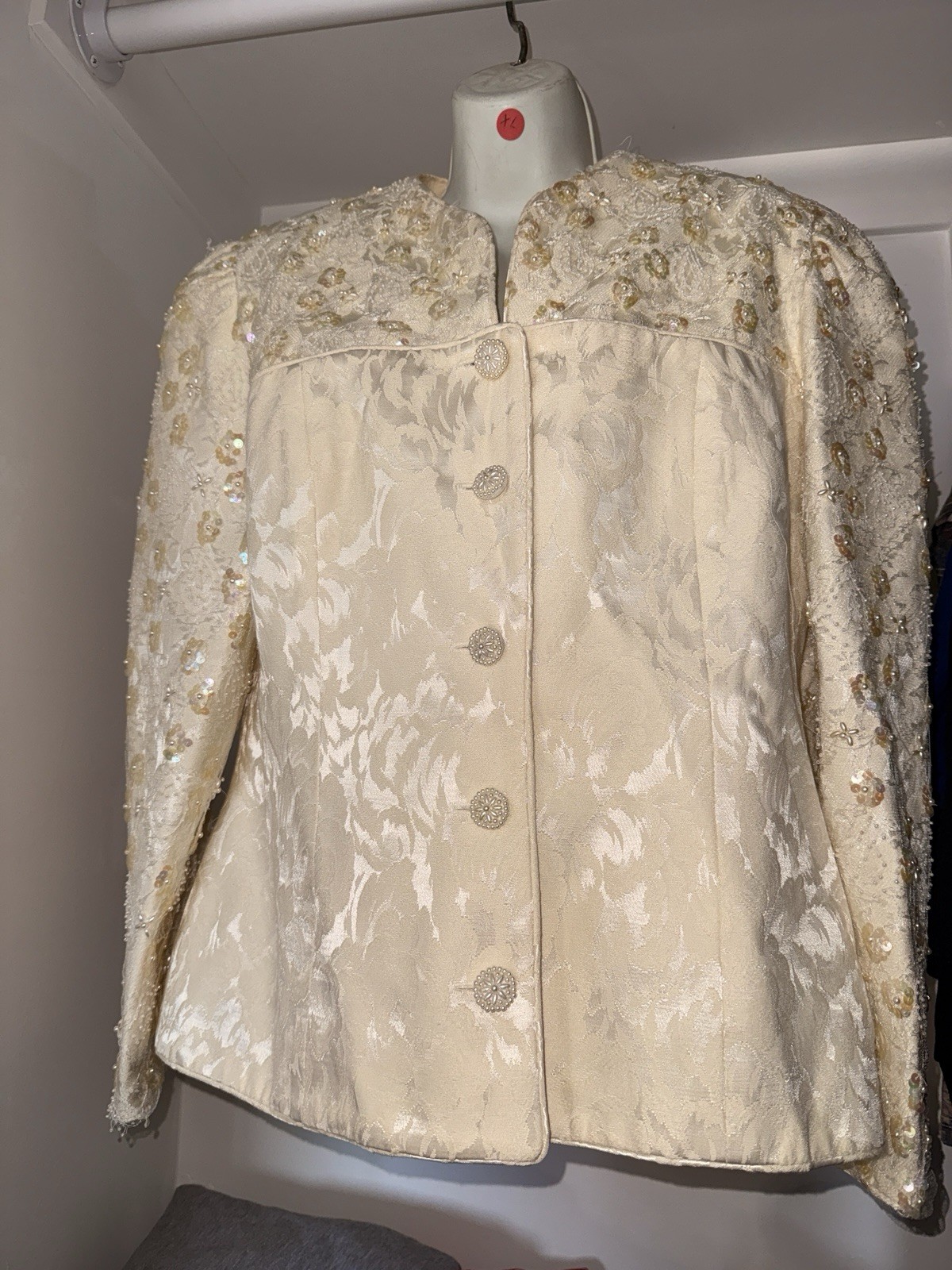 Vintage 1980s Karen Lawrence Ivory Brocade Beaded Sequin Blazer & Skirt Set XL