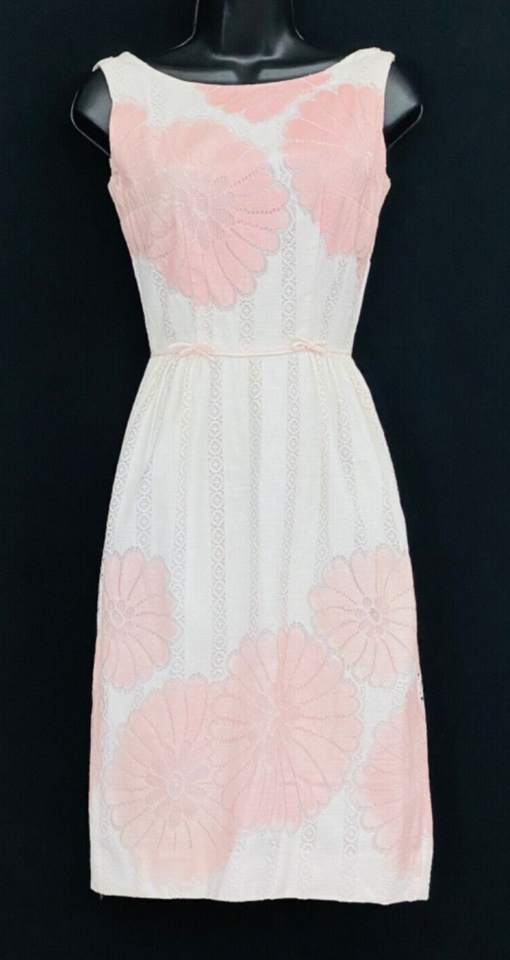 Vintage 1950s white pink floral lace shift dress, sleeveless pin-up XS XXS girls