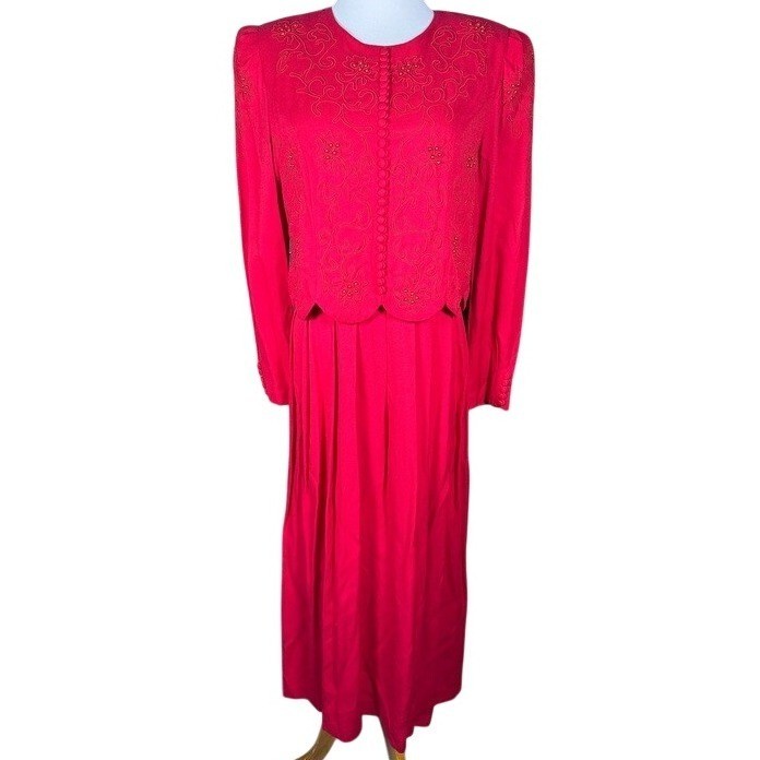 Plaza South Red Beaded Embroidered Vtg Maxi Dress Womens 10 Formal Long Sleeve