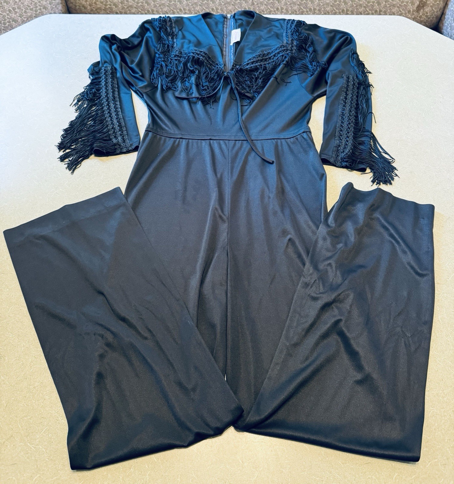 Vintage Frederick’s of Hollywood Black Fringe Disco Jumpsuit Wide Leg Boho S/M