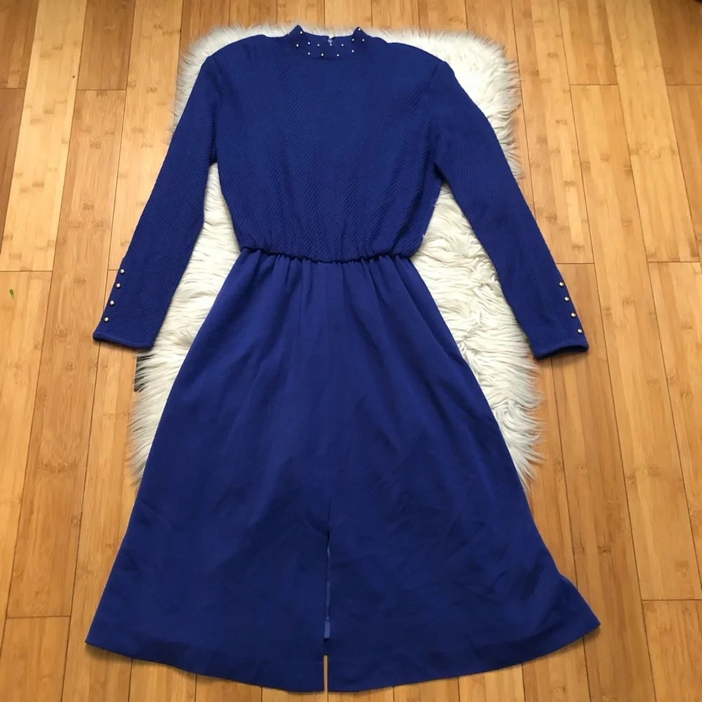 Vintage 70s 80s CIAO Ltd Wool Preppy Gold Stud Cobalt Midi Knot Sweater Dress 12