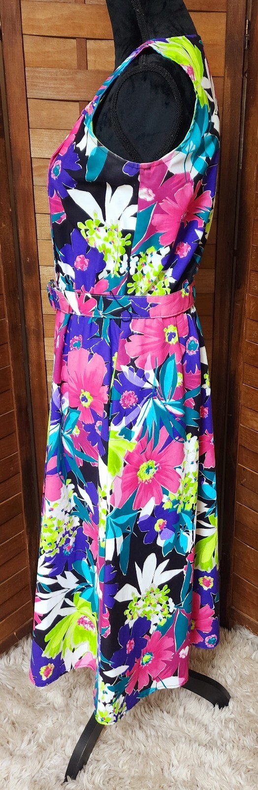 Vintage New Looks Pink & Purple Bright Floral Belted Dress With Jacket Size 8