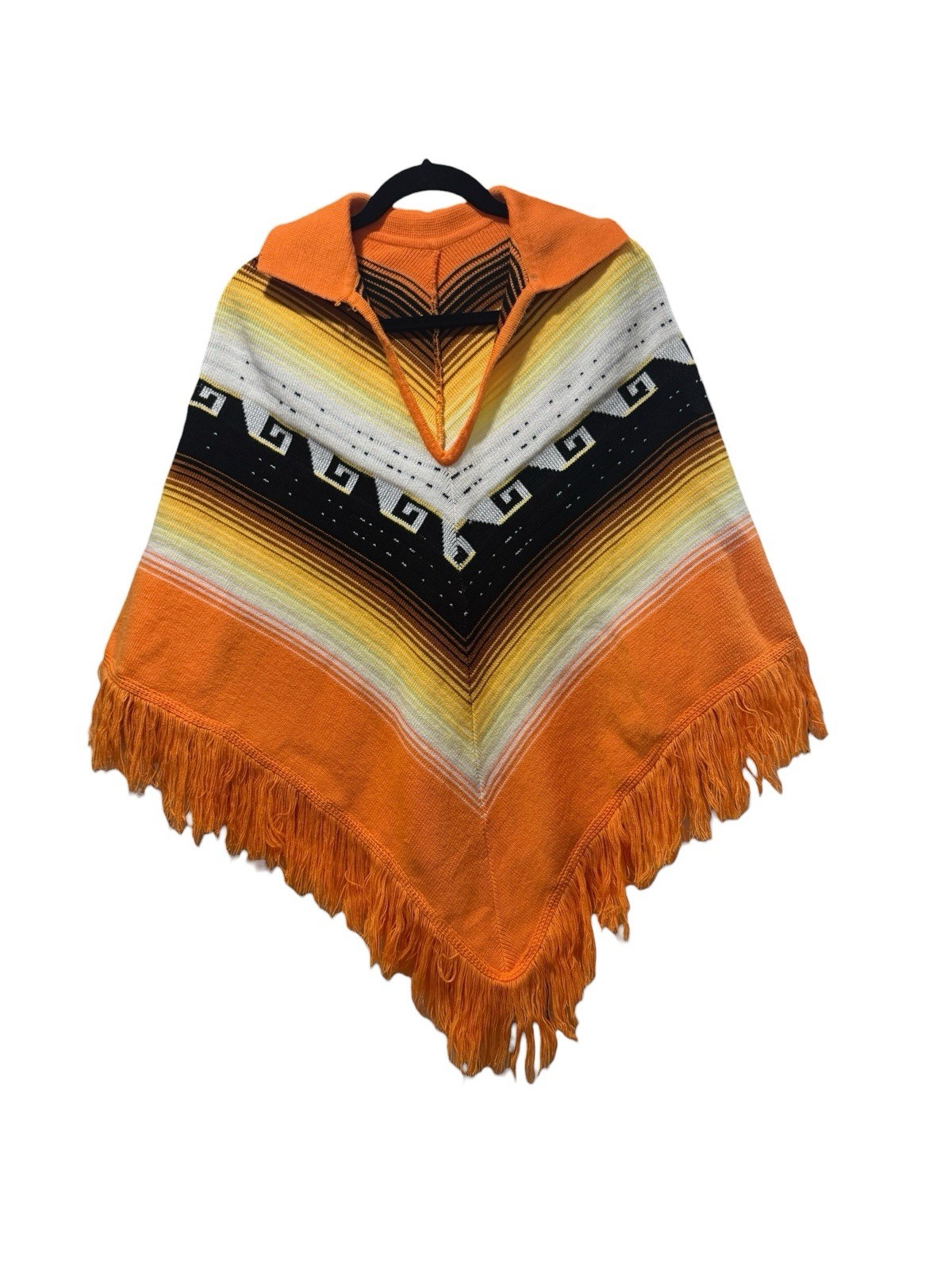 Vintage 1970s Orange Black White Collared Fringed Poncho One Size