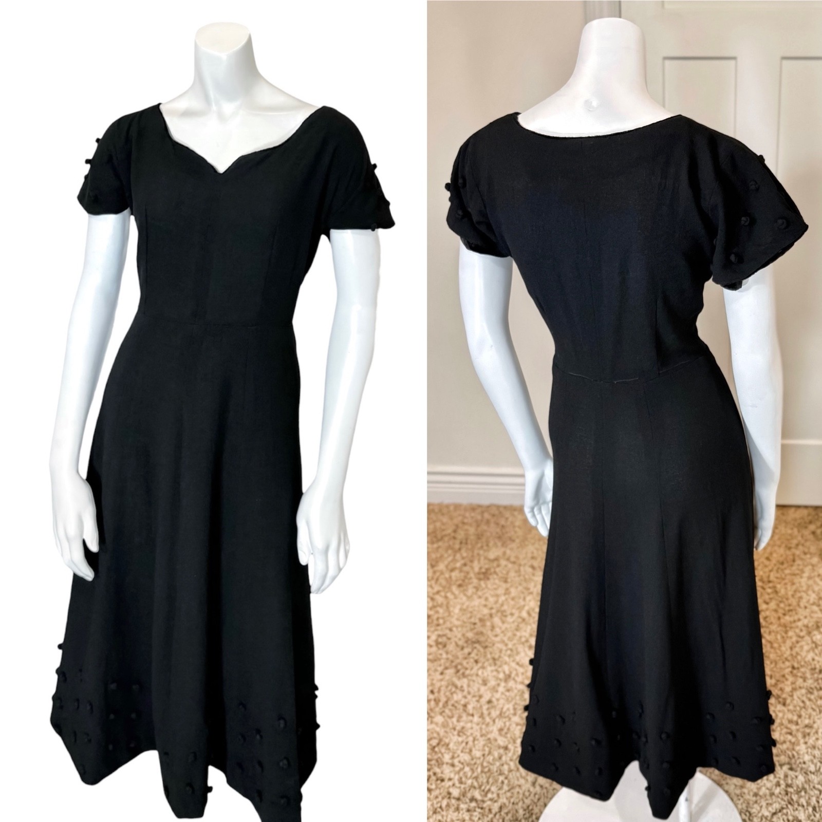 Vintage 40’s WOOL POLKA DOT DRESS M Black Tea Midi Sweetheart Full Skirt Goth