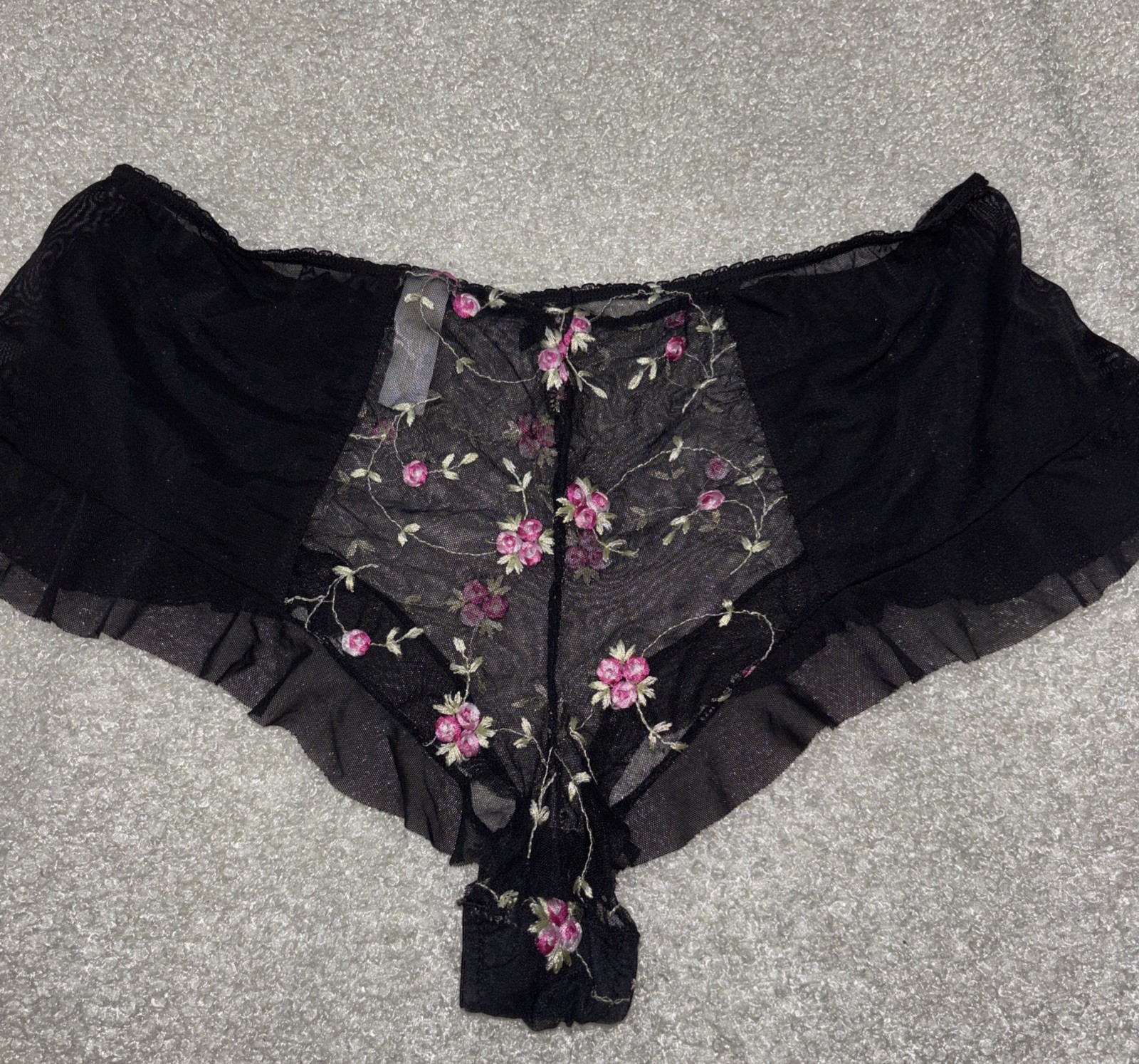 Vintage Secret Treasure Boy Short Black Panty Lace Floral Embroidery #4466