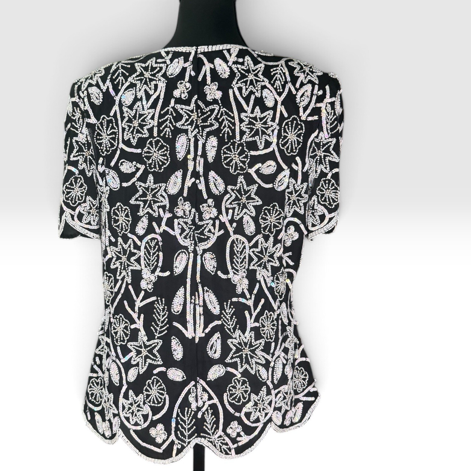 Vintage 80s Sténay Silk Beaded Sequin Top L Black White Shoulder Pads