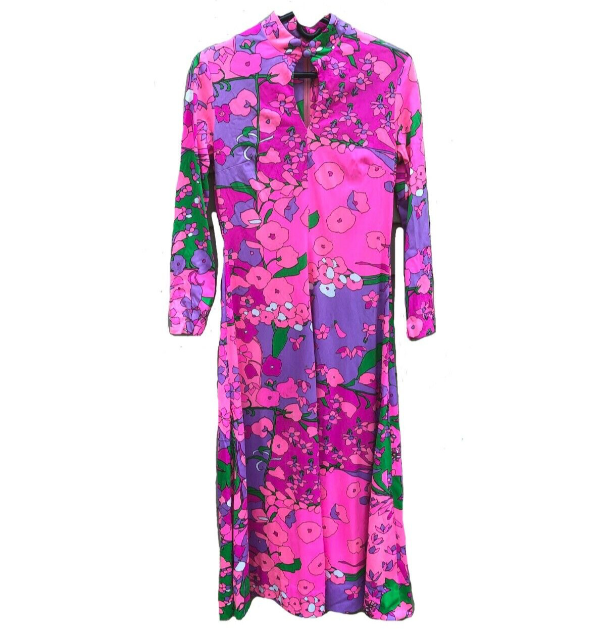 Vintage Mod ’70s Wild Trippy Hot Pink Purple Green Floral Polyester Maxi Dress M