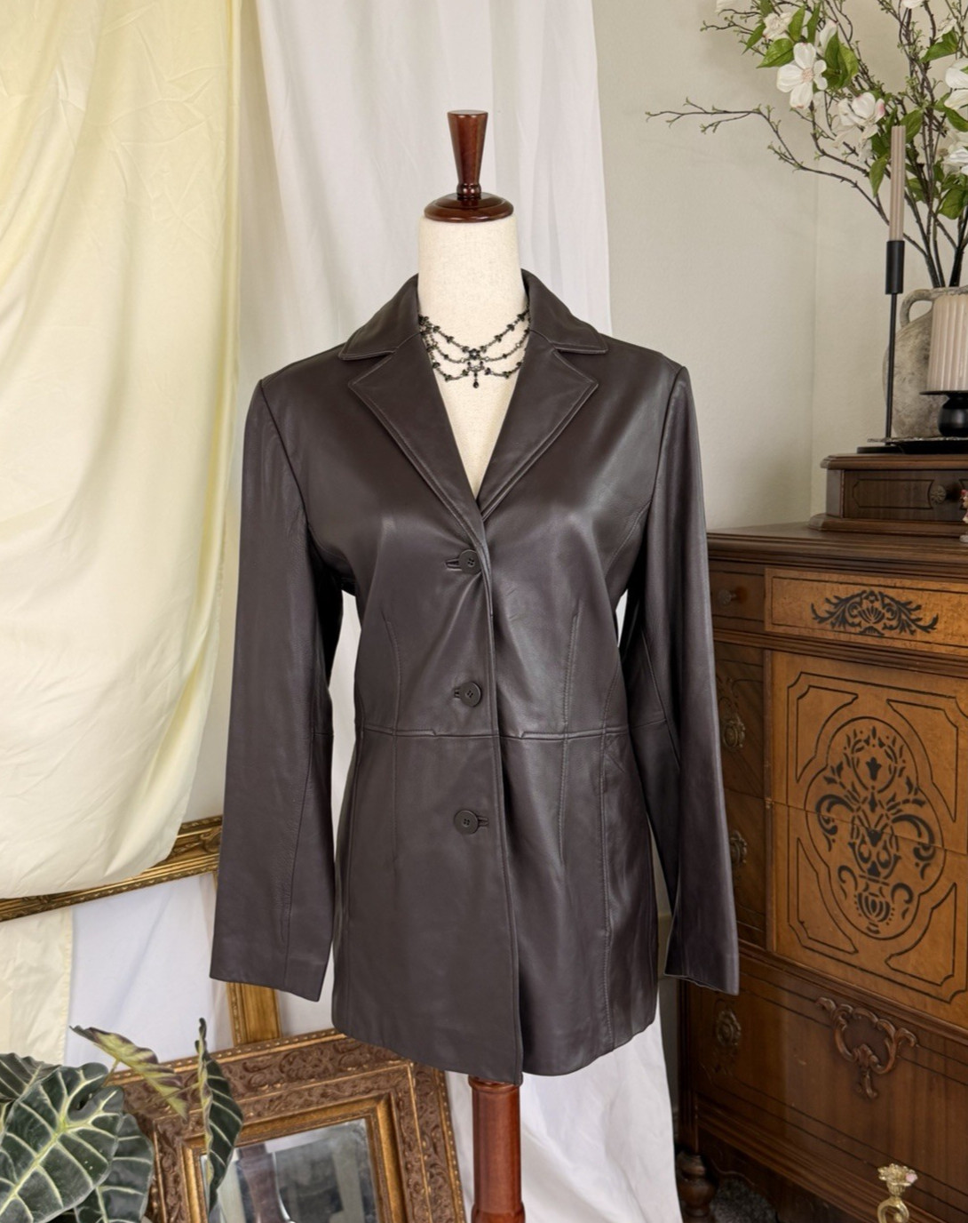 90s Vintage Lambskin Leather Worthington Dark Brown Blazer Jacket Mob Wife