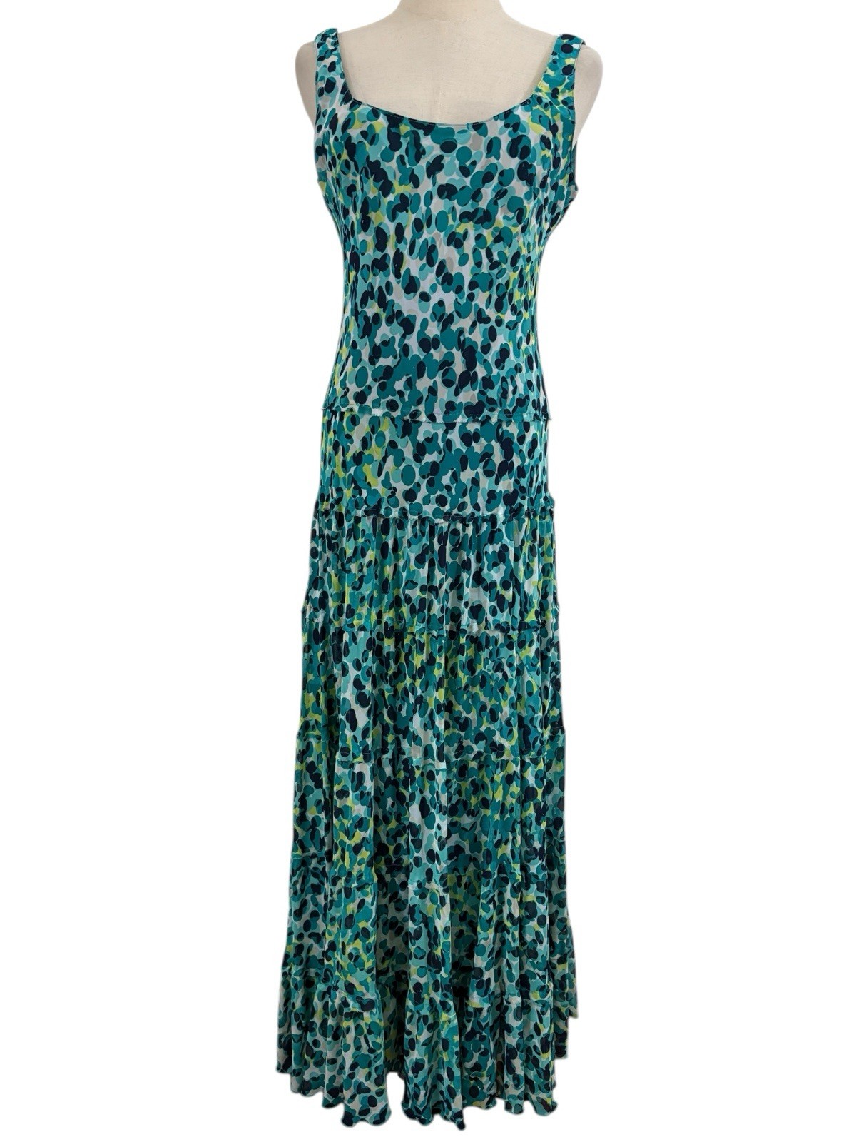 Vtg 90s Y2K Kasper Teal Chiffon Abstract Maxi Dress Drop Waist Tired Skirt Sz 8