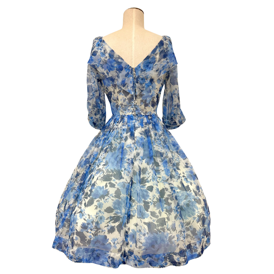 Vintage 1950s Blue Floral Chiffon Fit n Flare Tea Party Boat Neck Dress