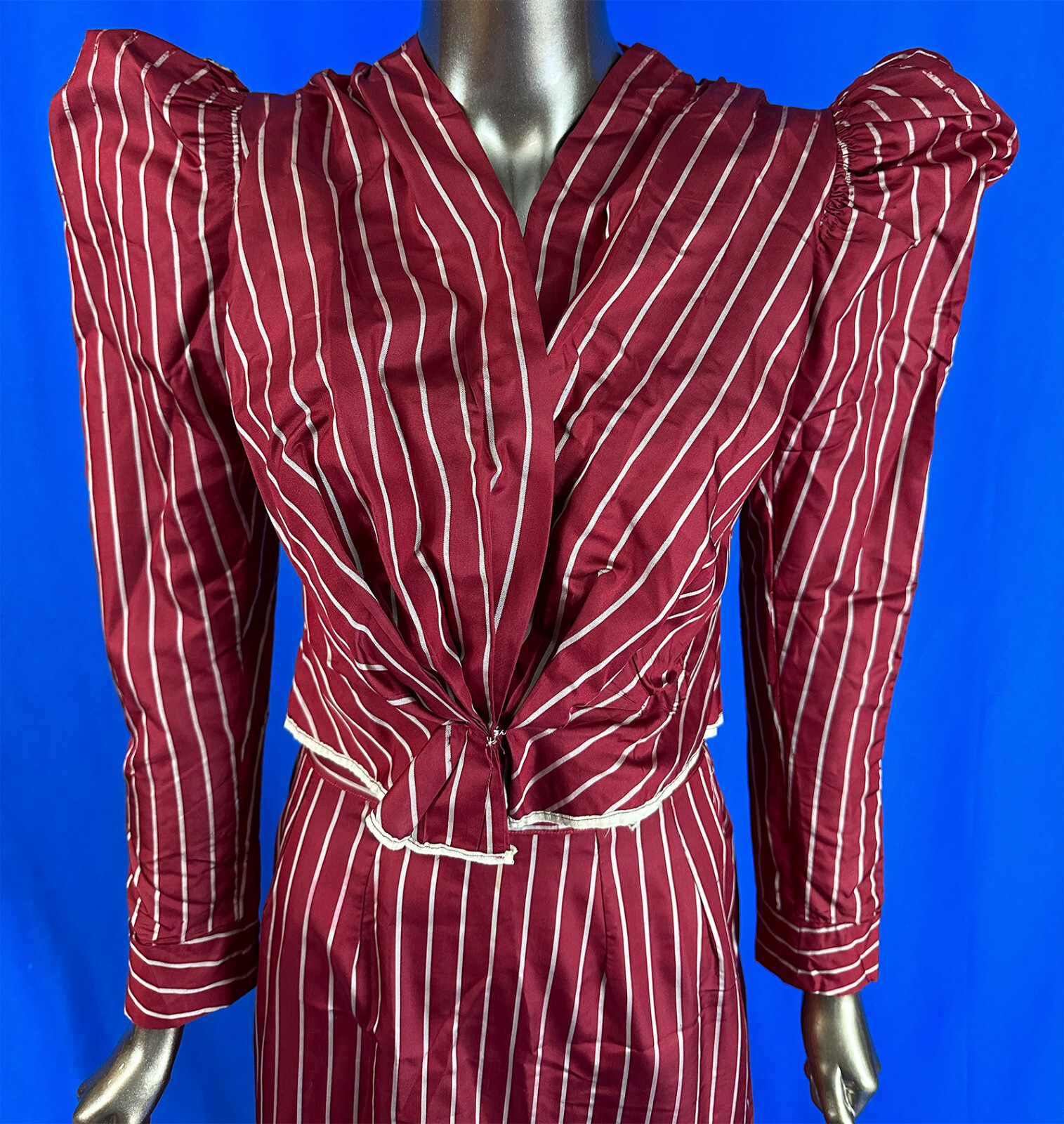Victorian Red & White Striped Silk Leg of Mutton Sleeve Bodice Skirt Dress VTG