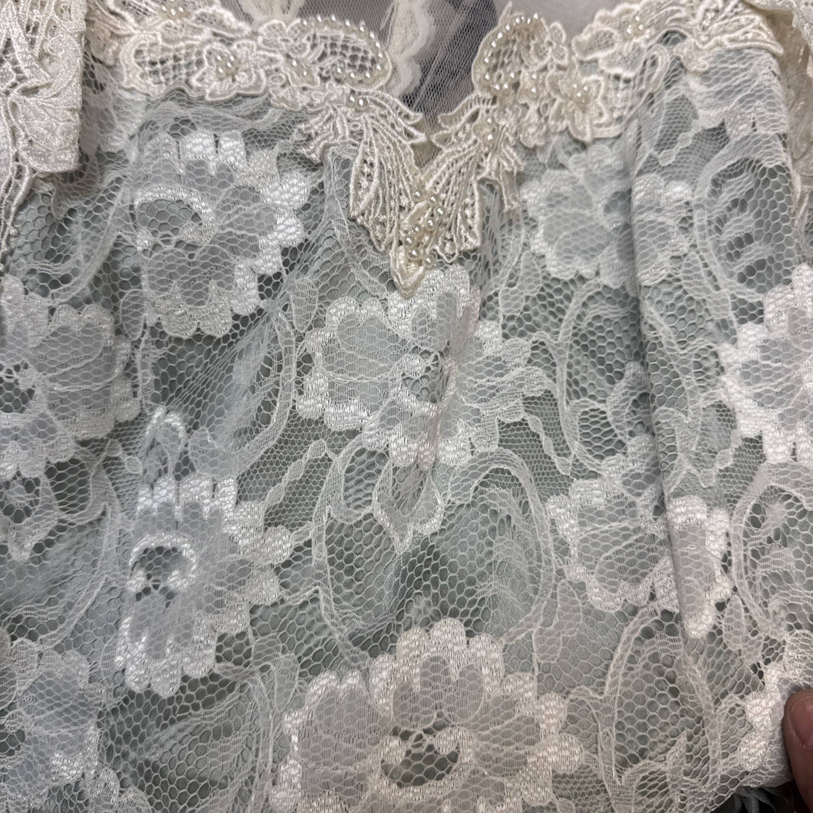 Vintage 80s Lorrie Kabala Lace Dress Victorian M 8 Seafoam Green Cream Lace