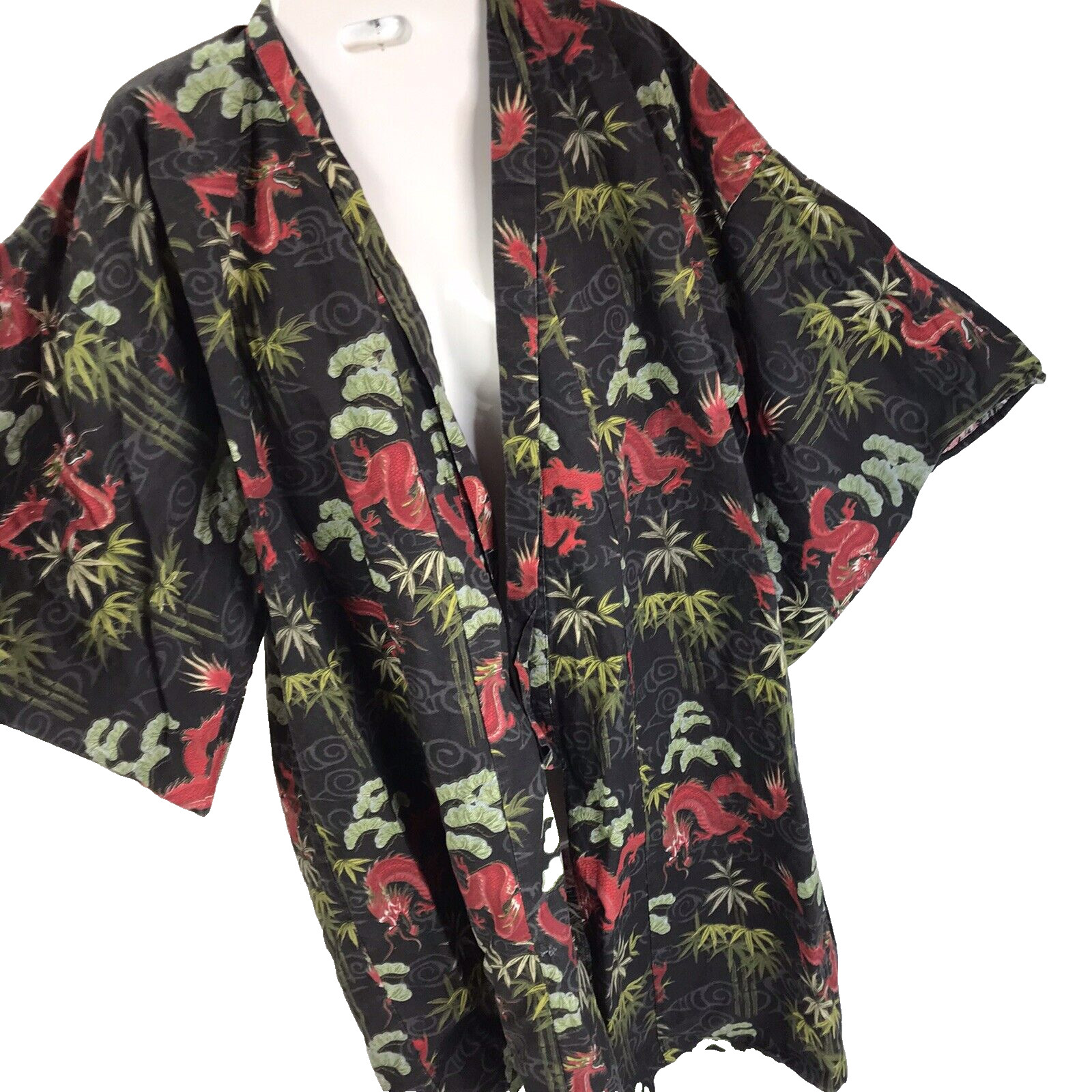 Vintage Kimono 90s Chinese Dragons Palm trees open front Oriental one size short