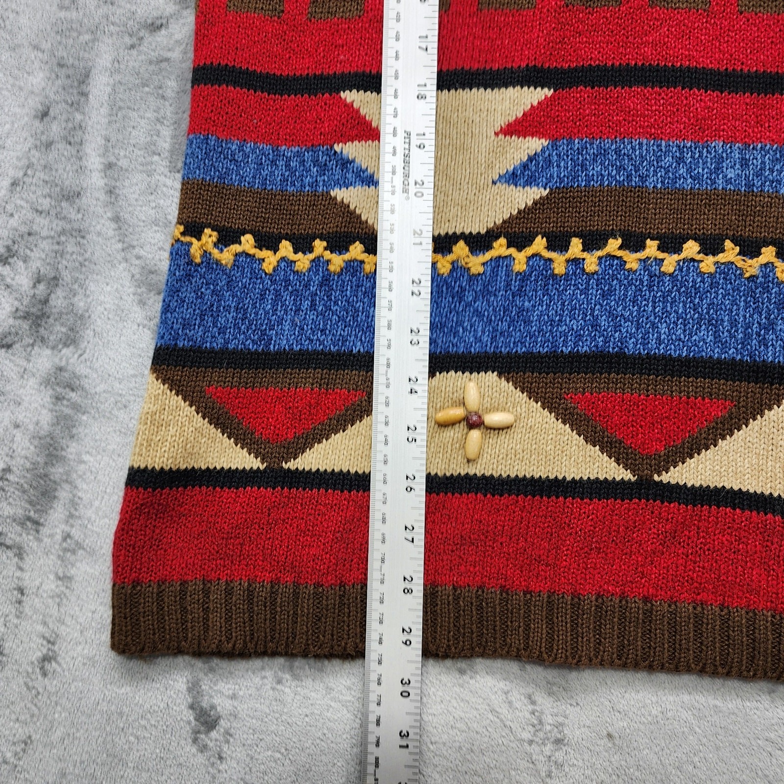 Vintage Lizsport Sweater Women S Geometric Southwest Mock Neck Tunic Wood Beaded