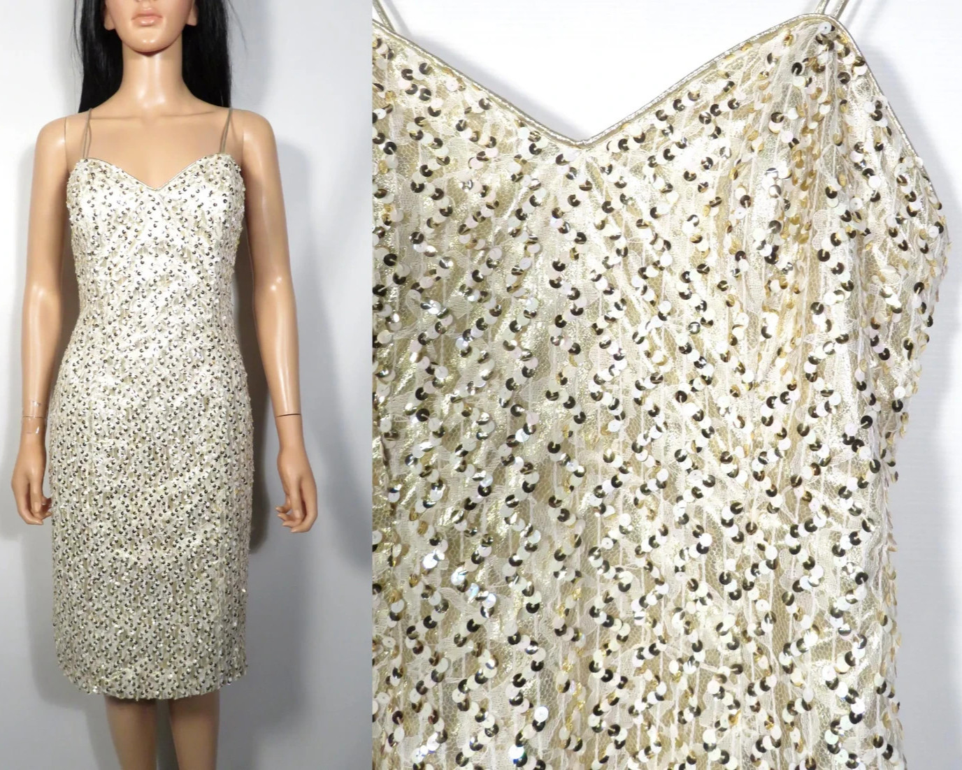 Vintage White And Gold Sequin Cache Lace Up Back Spaghetti Strap Dress Size S