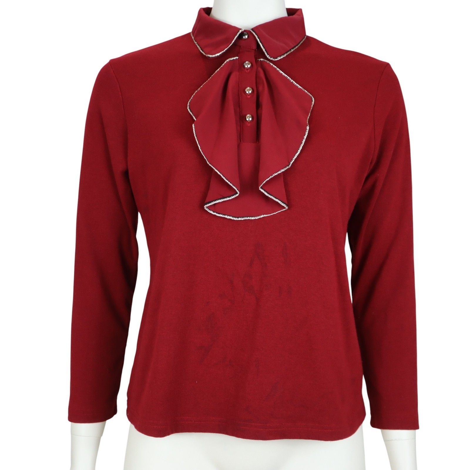 Vintage Sweater Ruffle Button Collar Gold Piping Burgundy Red 80’s Women’s Small