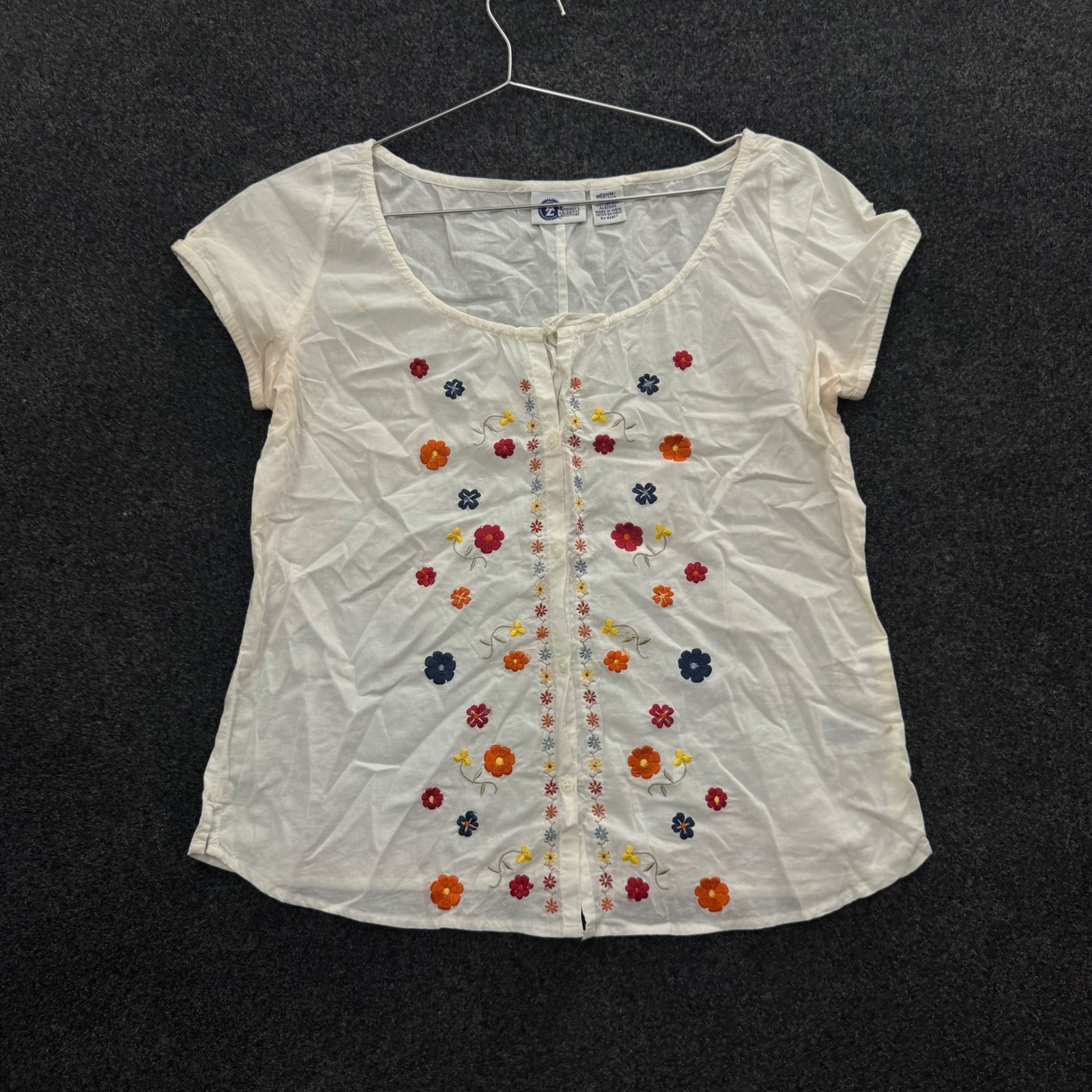 Vintage Arizona Jean Co Floral Embroidered Cotton Blouse White 90s Cottagecore M