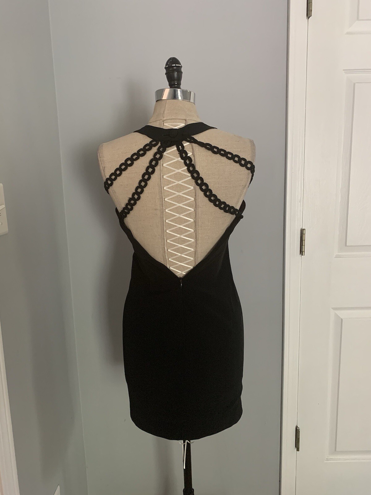 Vintage 80s 90s Cage Chain Cut Out Back Sheath Dress Minimalist AvantGarde Goth