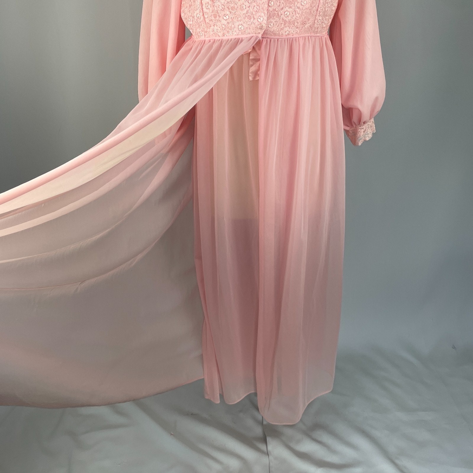 Vintage 70s Peignoir Set Large Pink Sheer Chiffon Lace Lingerie Babydoll 2 Piece