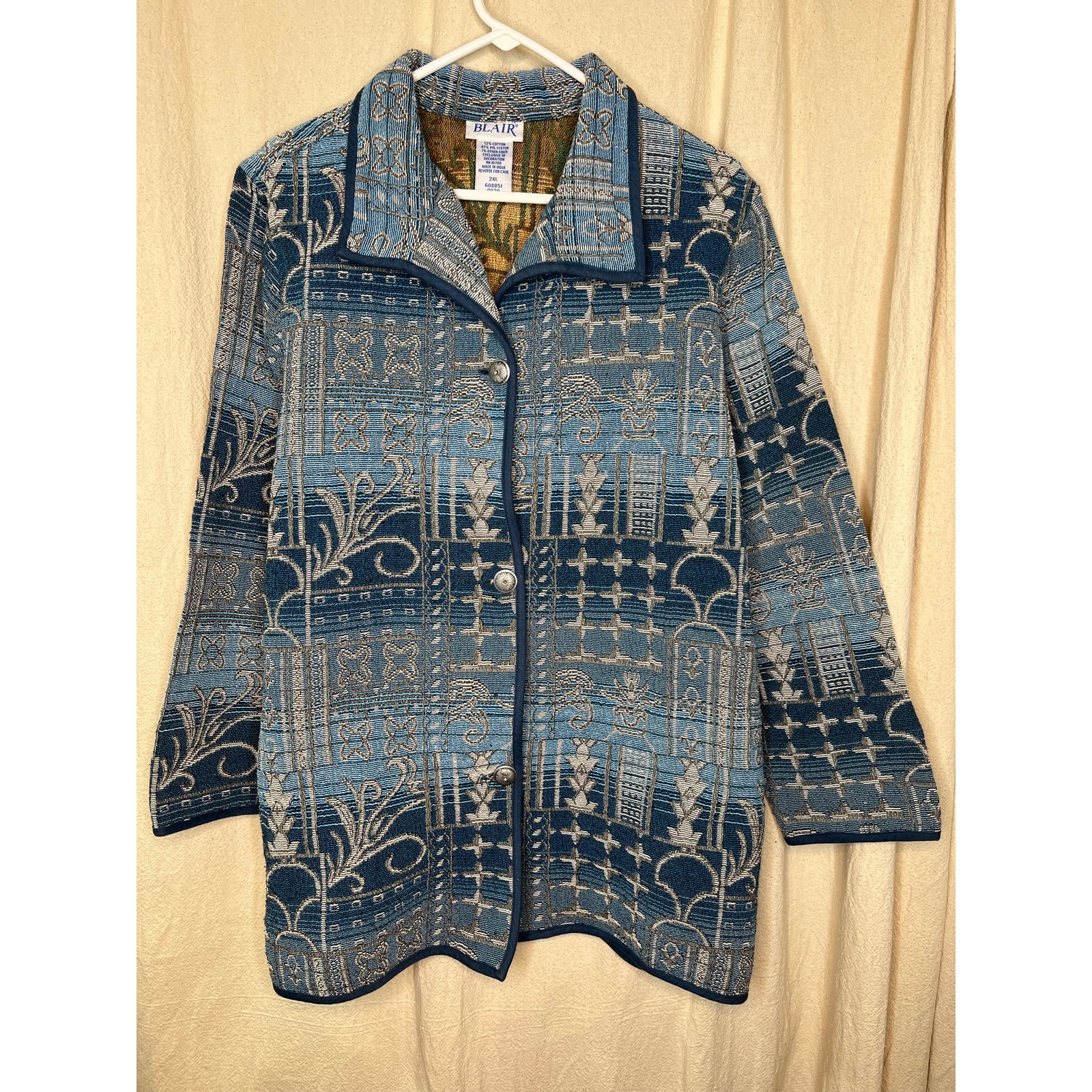 1990s Blair Tapestry Blanket Blue Gray Floral Ombre Sparkle Artsy Jacket 2XL