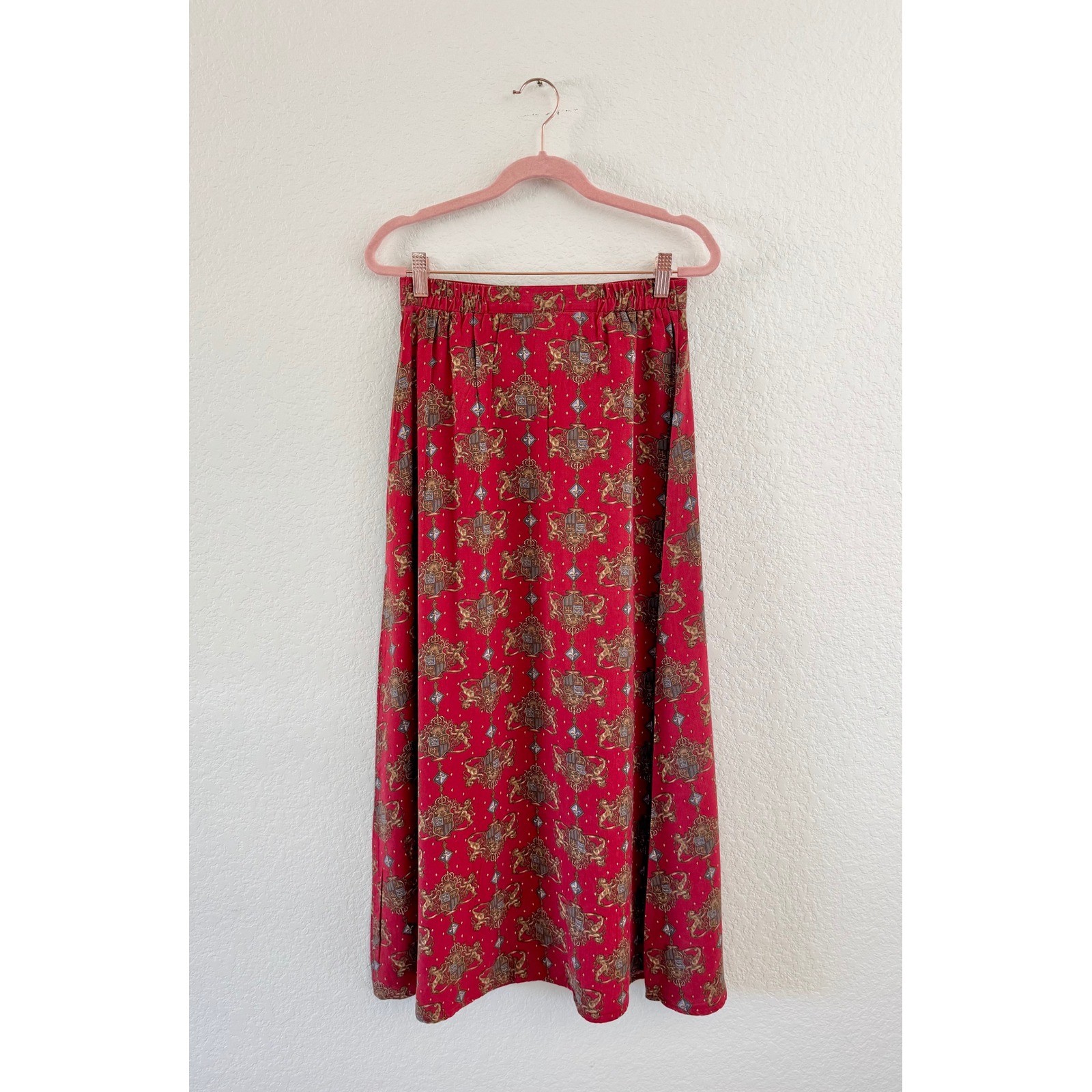 Signature by Jerell Maxi Skirt Women S Red Vintage Heraldic Crest Button Front