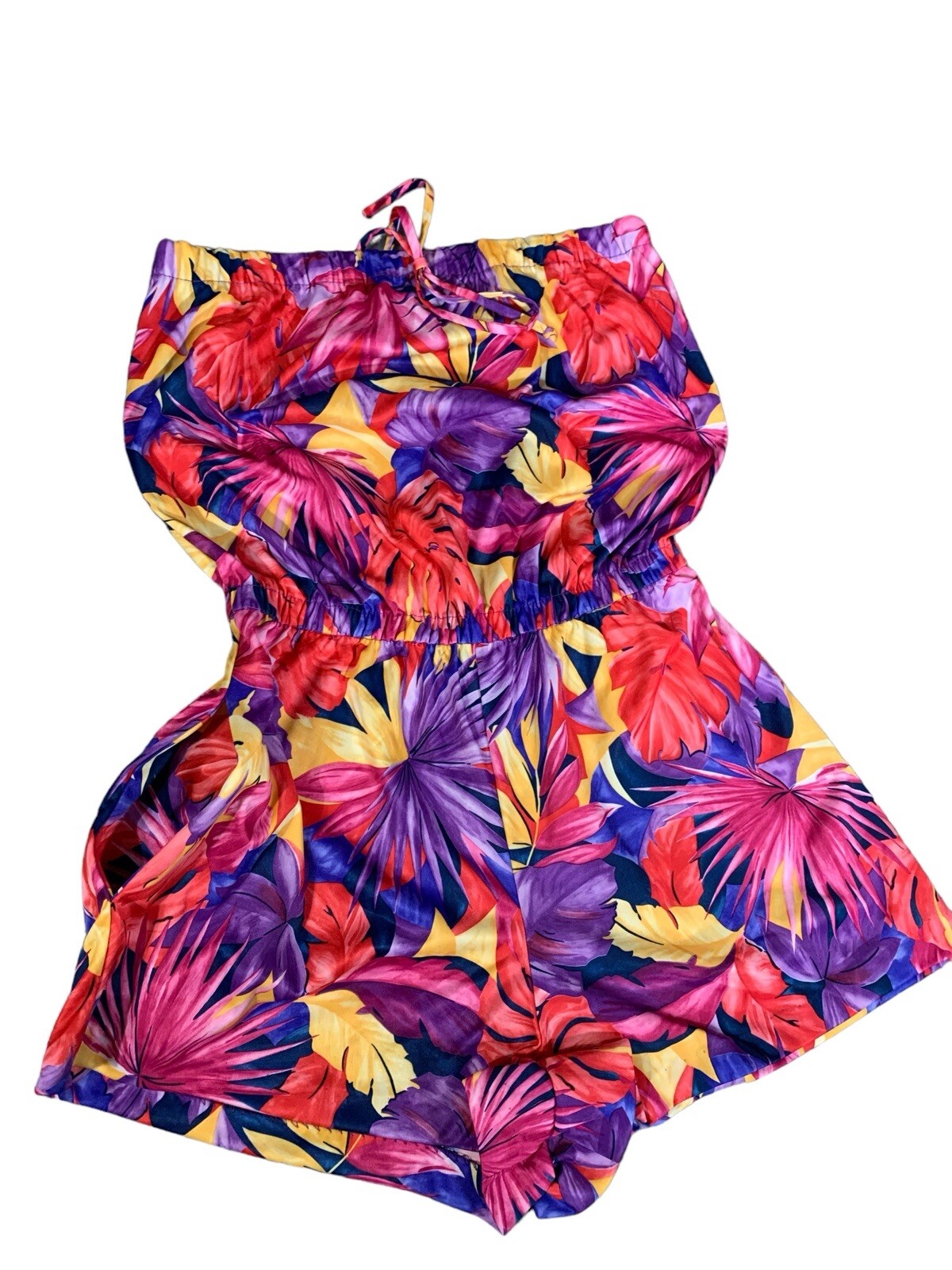 Granada Vintage 70’s Colorful Tropical Palm Leaf Print Strapless Short Romper