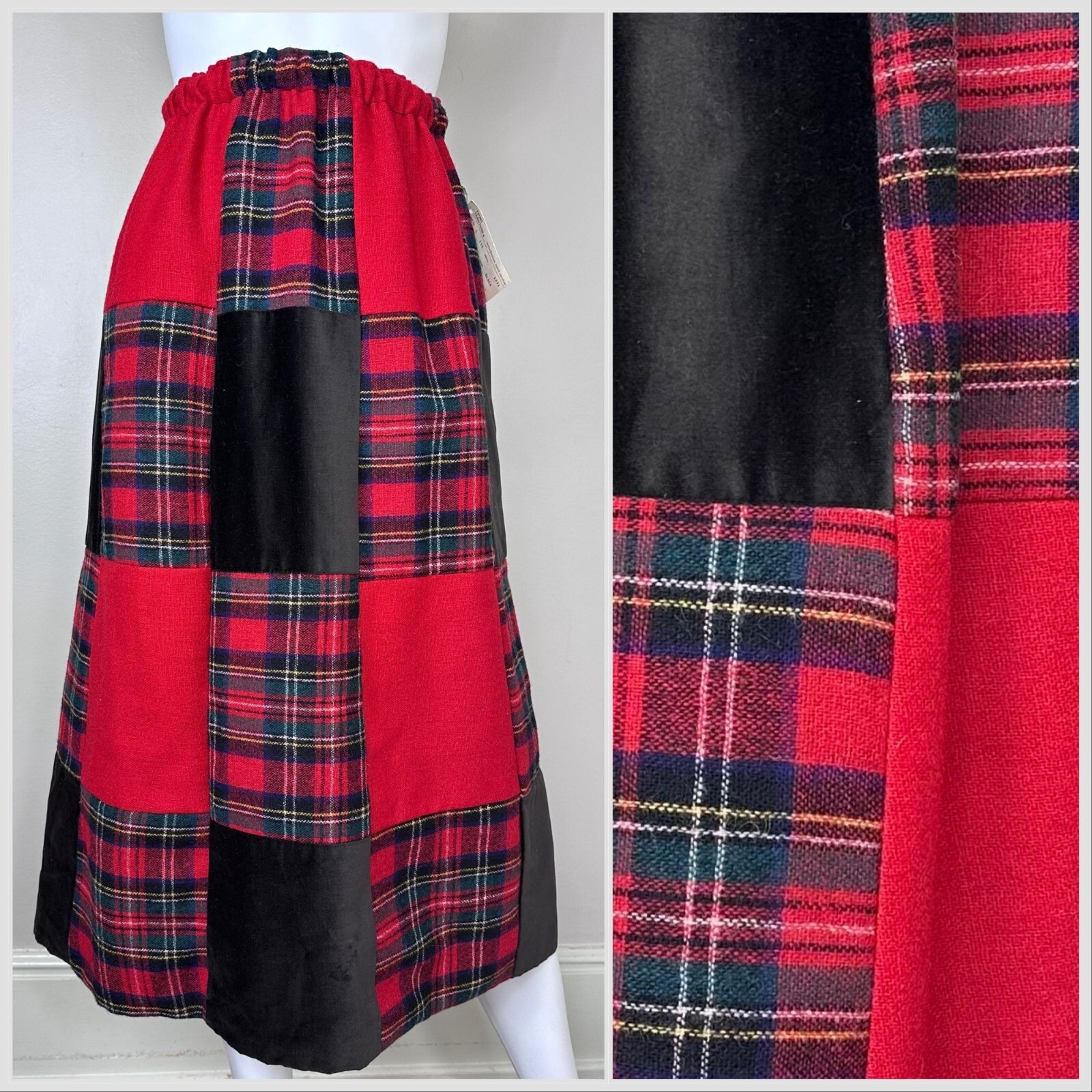 Vintage 1970s Red Plaid Patchwork Midi Skirt 70s Young Traditions Deadstock NWT