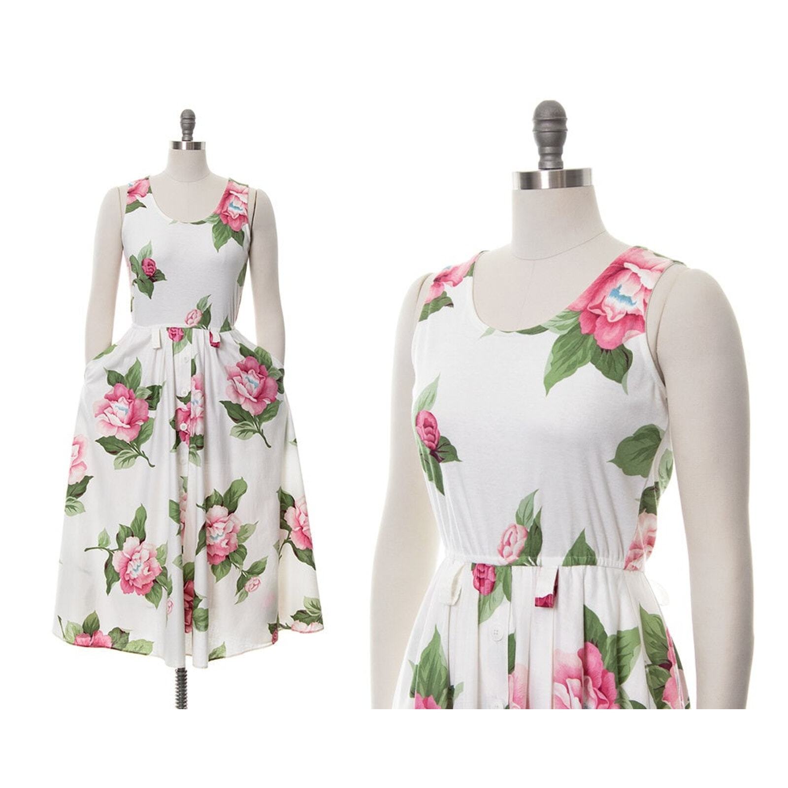 Vintage 1980s Sundress 80s CAROL ANDERSON Rose Floral White Jersey Midi Dress