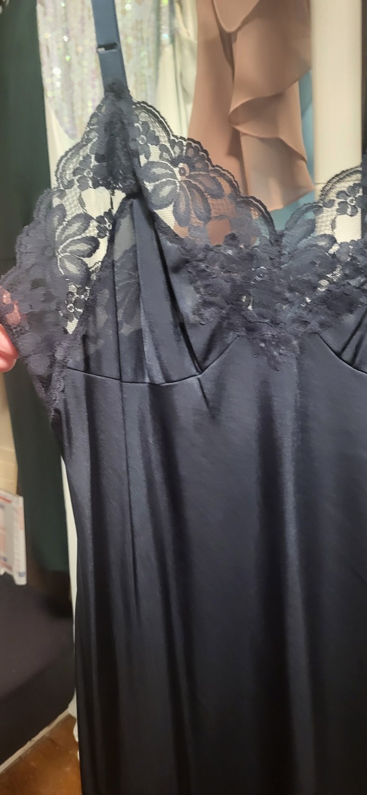 Vintage Lorraine Navy Blue & Lace Trim Full Slip Lingerie Dress 36