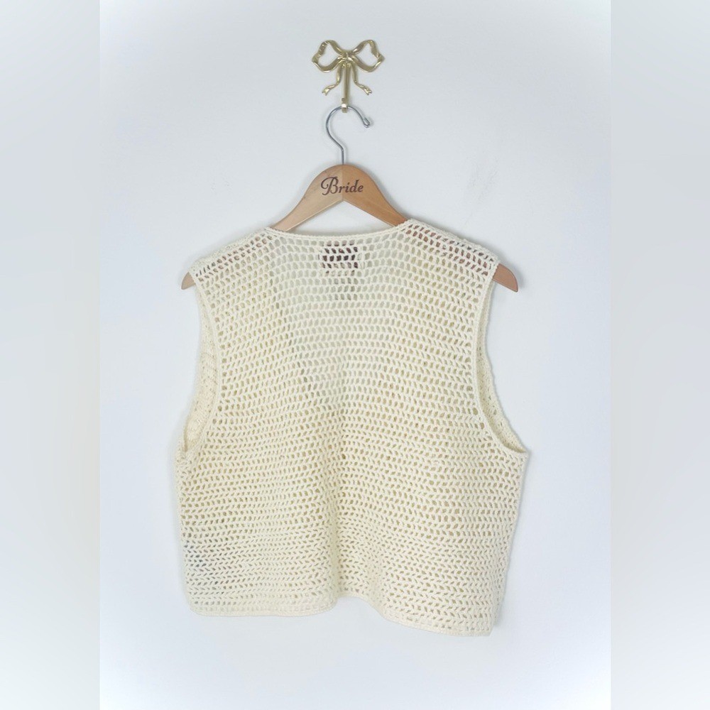 YARNWORKS Open Knit Sweater Vest Women’s Sz L Hand knit Ivory Hippie Boho