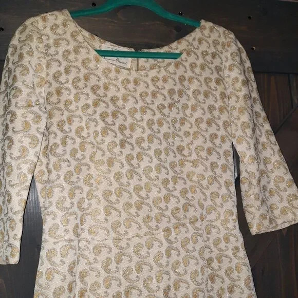 Vintage 1960’s dress Paul Sachs gold 30″ waist semi colon print