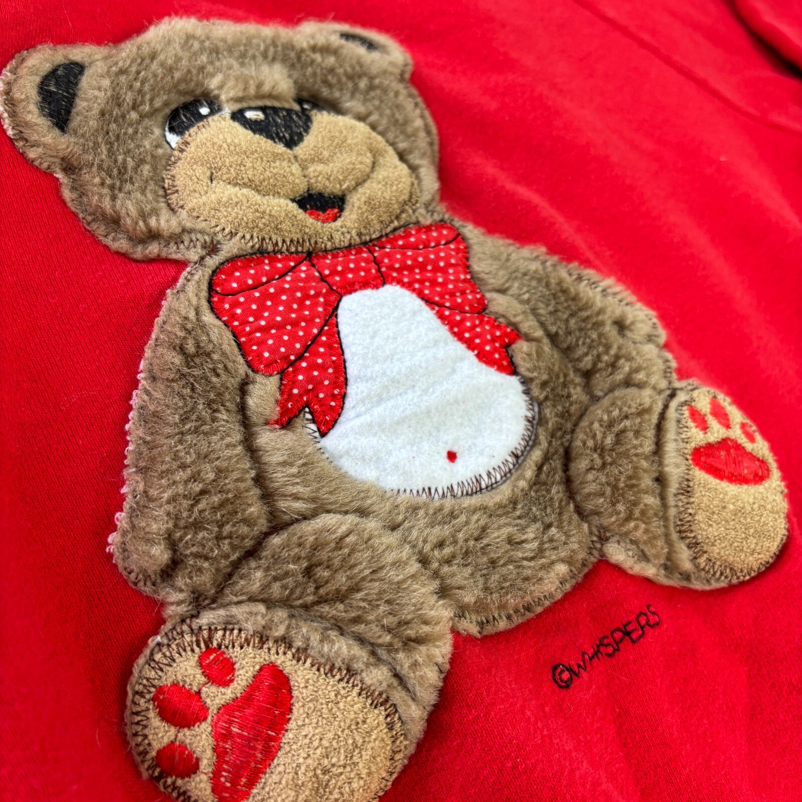 Vintage 90s Whispers Teddy Bear Red Raglan Sweatshirt Fur 3D Applique Womens XS