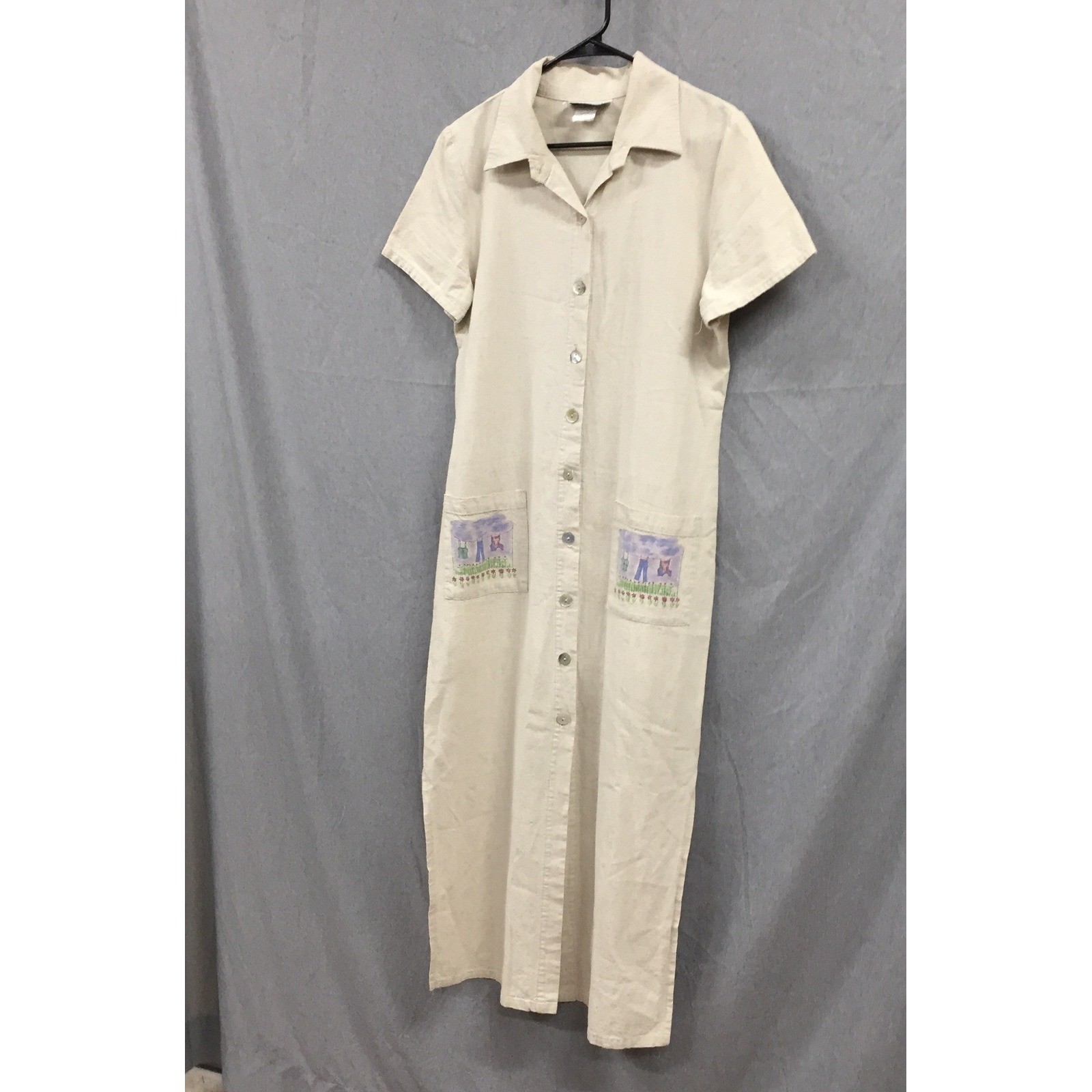 Alexandra Lee Vintage Linen Rayon Maxi Dress Beige Laundry Line Pockets Size 10