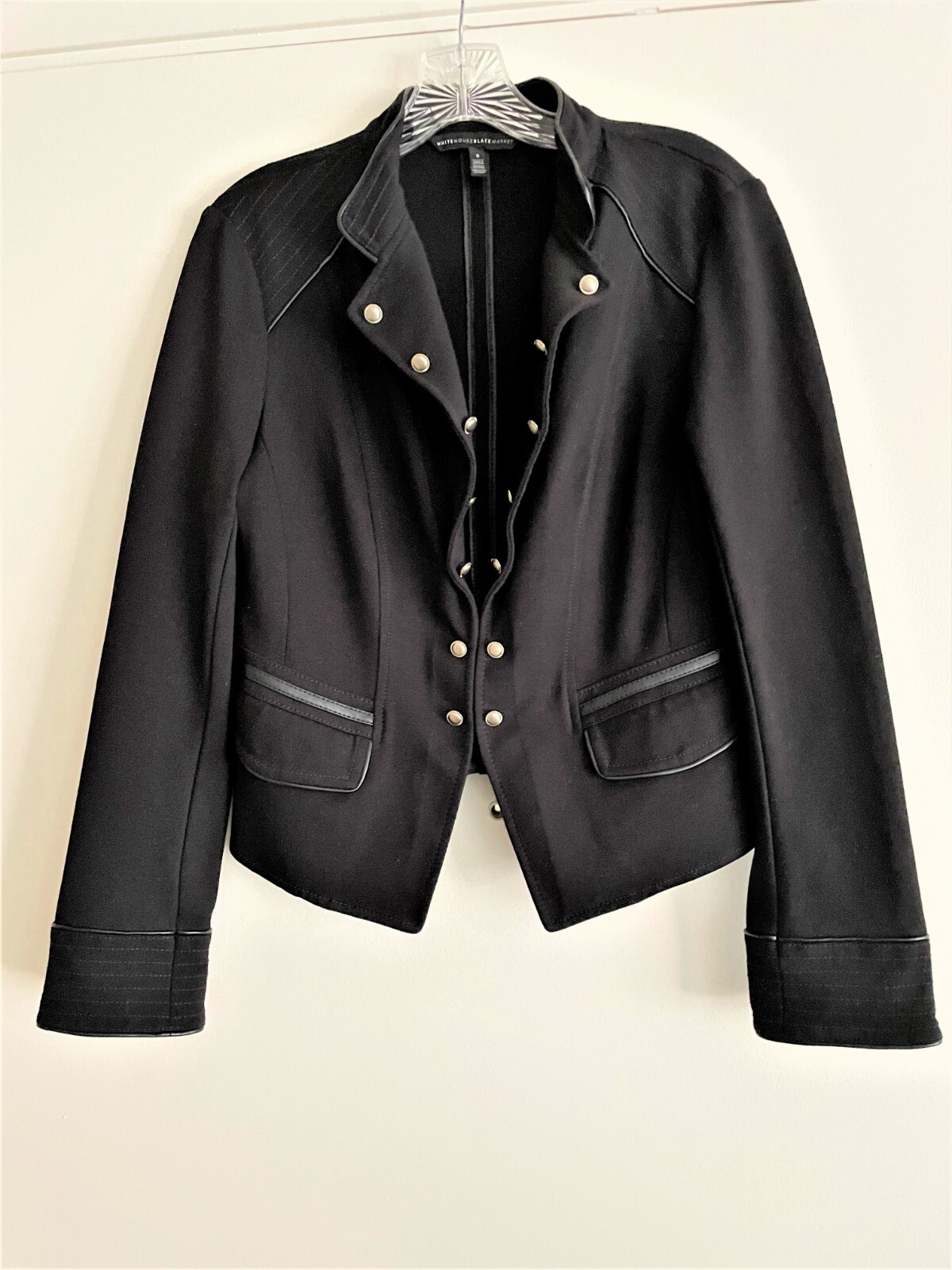 Vtg White House Black Market Black Jacket w/pleather Decor Buttons 8 Free Ship