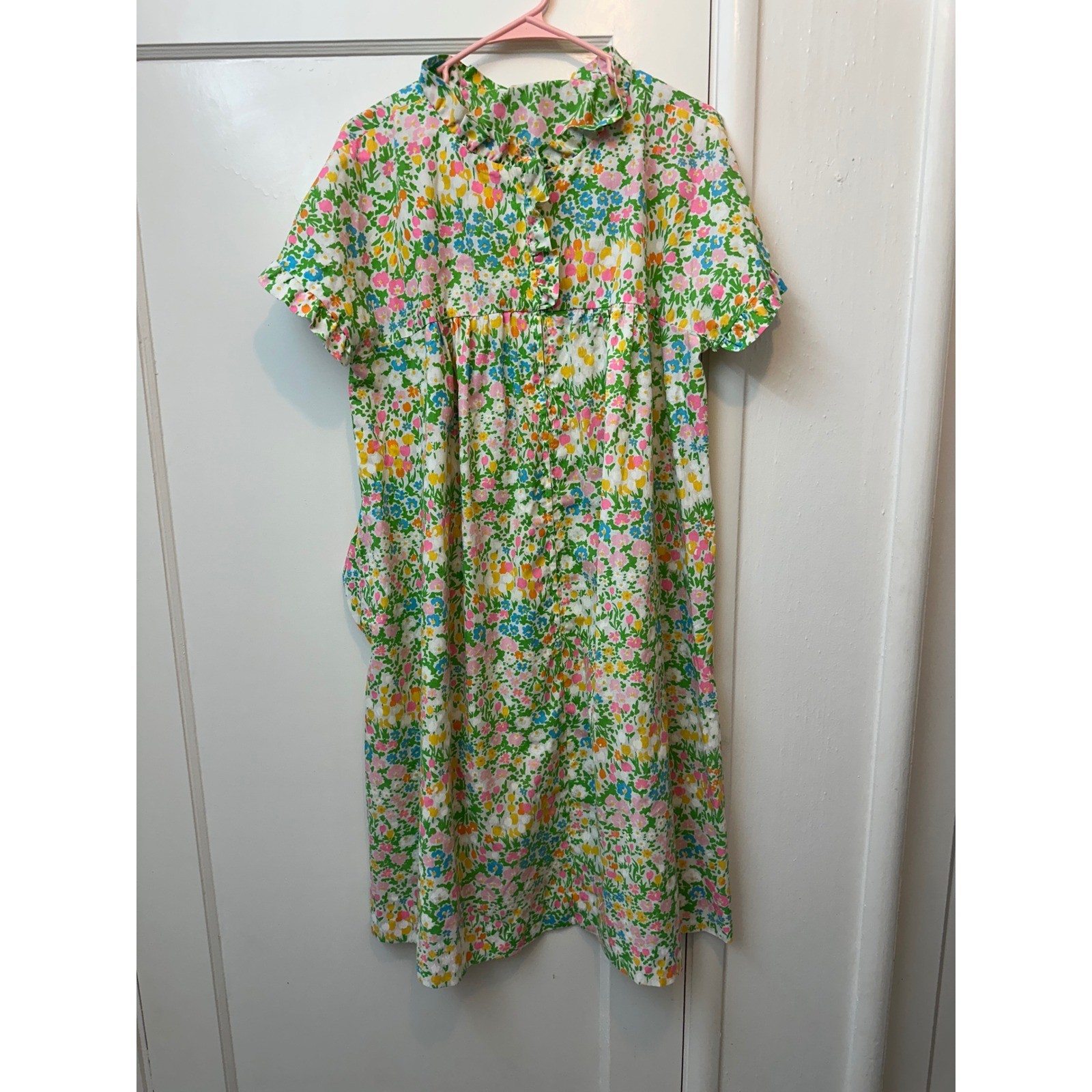 Vintage Floral Ruffle House Dress Pink Blue Yellow Green Zip Front Midi Pockets