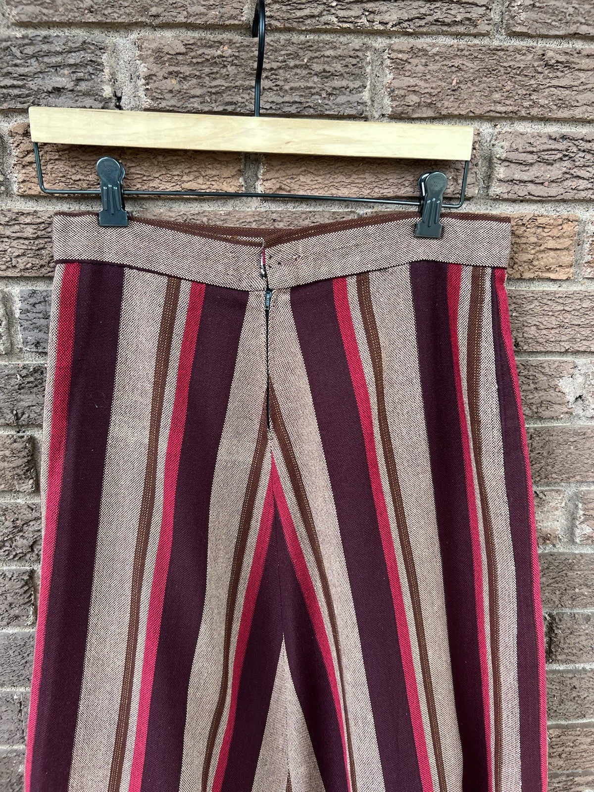 Vintage 70s Striped Midi Skirt Burgundy Tan A-Line Mod Retro Hand Made USA. Wool