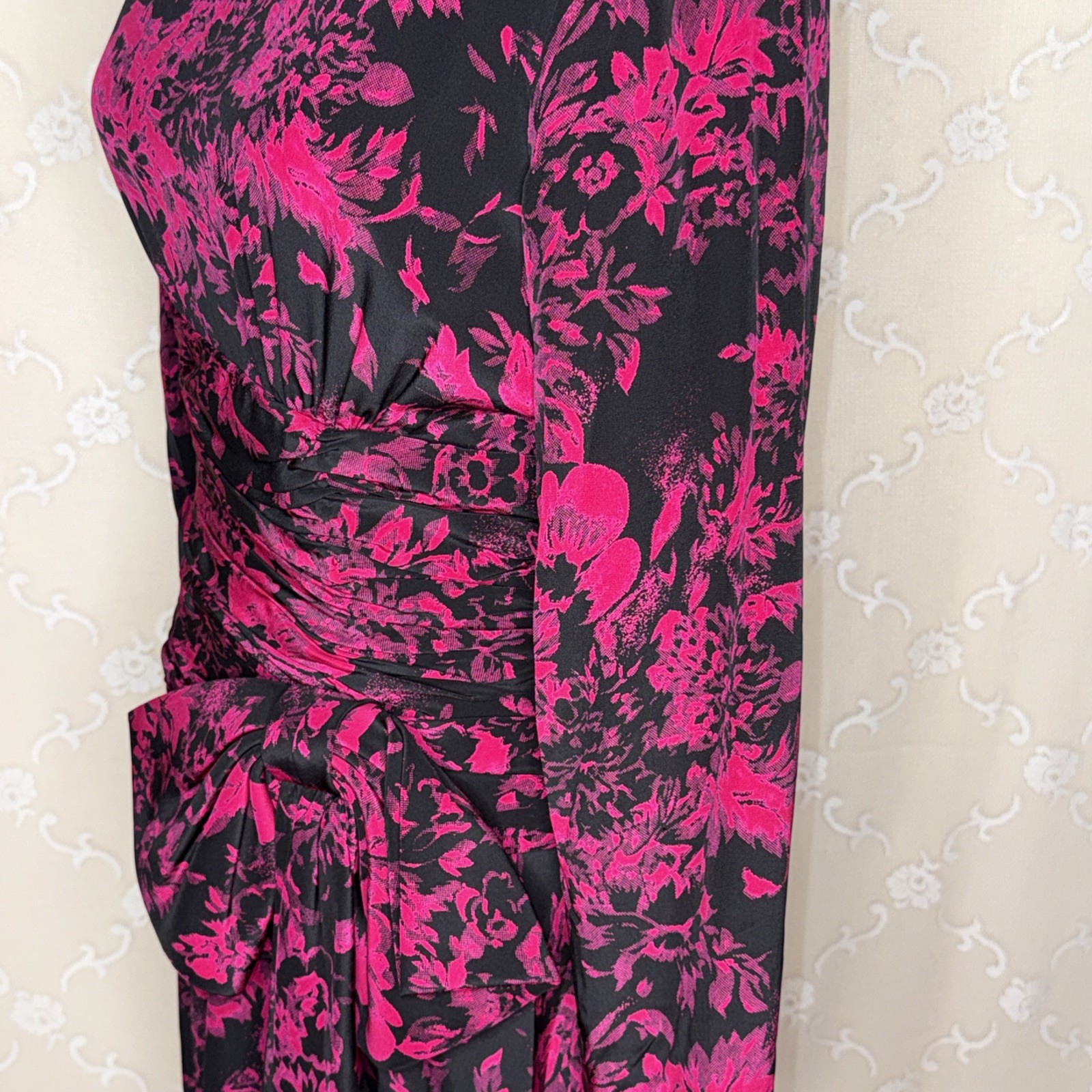 VTG Yves Cassette Magenta & Black Silk Bust Lined Cocktail Dress Sissy Bow SZ 10