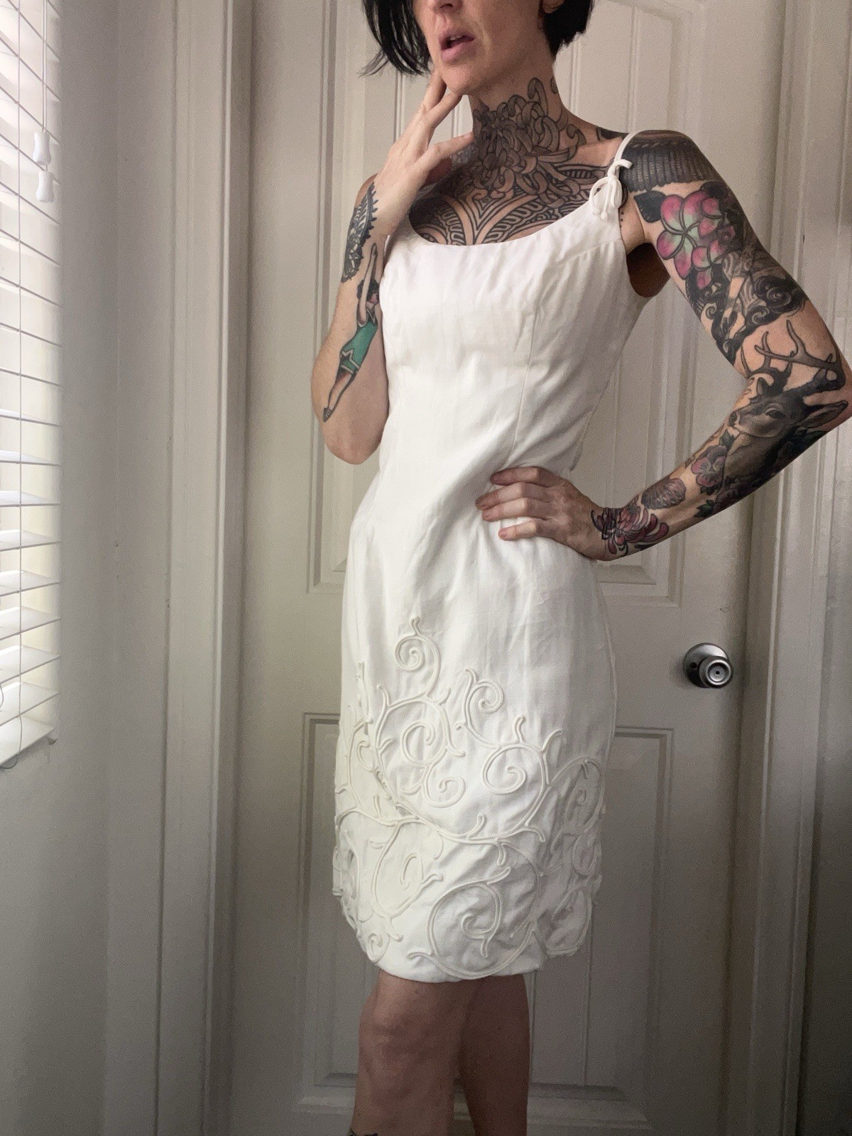 Vtg 60s White Day Dress w Bow Details and Soutache Embroidery Old Money Prep S